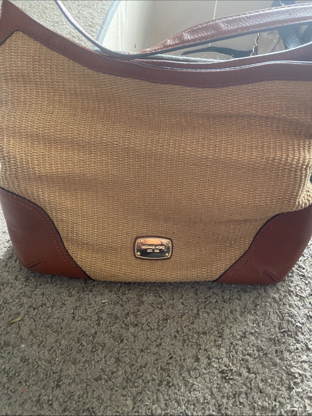 Michael Kors Tan Woven Tote with Brown Leather Trim and Gold Hardware - Picture 1 of 6